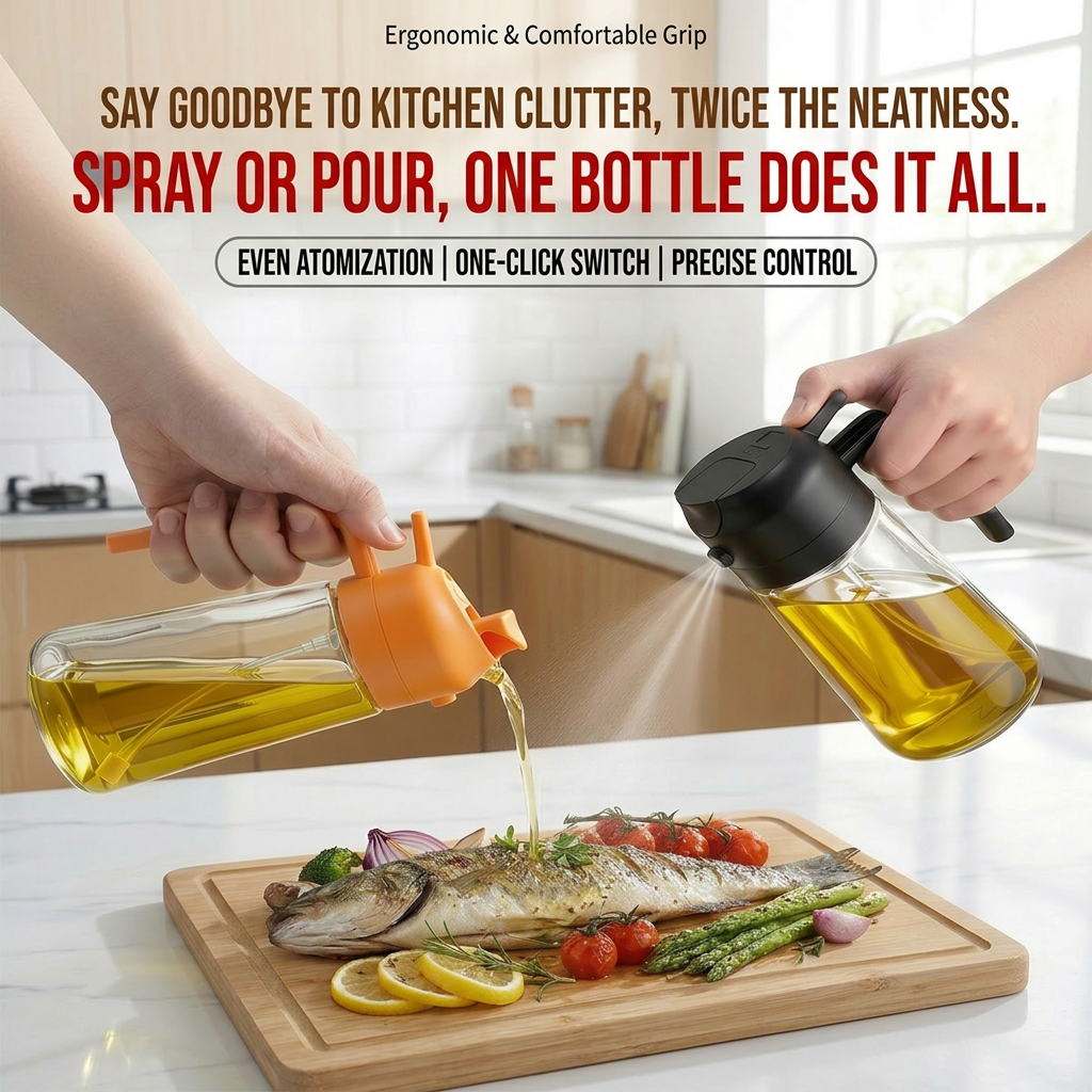 Multifunctional 2-in-1 Glass Oil Dispenser, 1 Count Olive Oil Sprayer with Handle, Oil Dispenser for Cooking, Baking, Frying