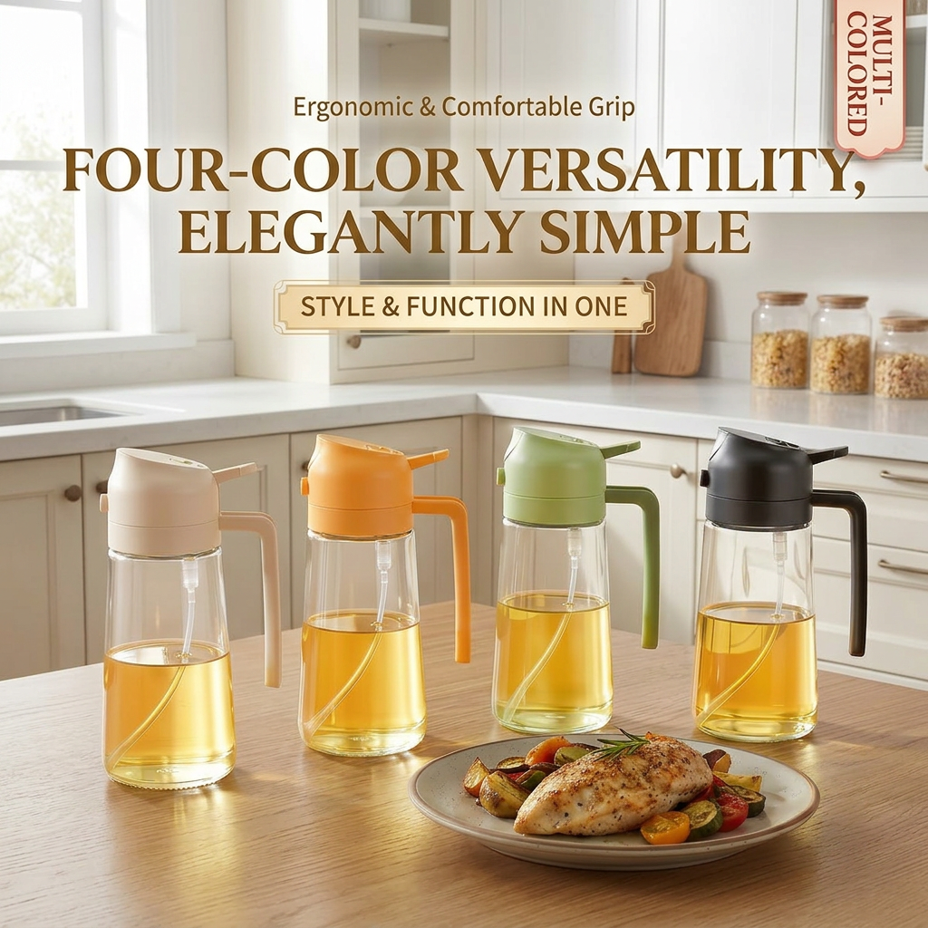 Multifunctional 2-in-1 Glass Oil Dispenser, 1 Count Olive Oil Sprayer with Handle, Oil Dispenser for Cooking, Baking, Frying