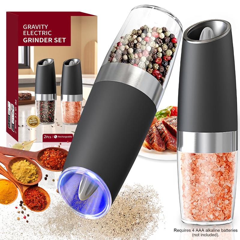 2 PCS/Set Electric salt and pepper grinder set, adjustable coarseness with LED light, one-handed kitchen grinder, large capacity automatic salt and pepper grinder