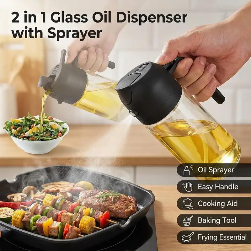 Multifunctional 2-in-1 Glass Oil Dispenser, 1 Count Olive Oil Sprayer with Handle, Oil Dispenser for Cooking, Baking, Frying