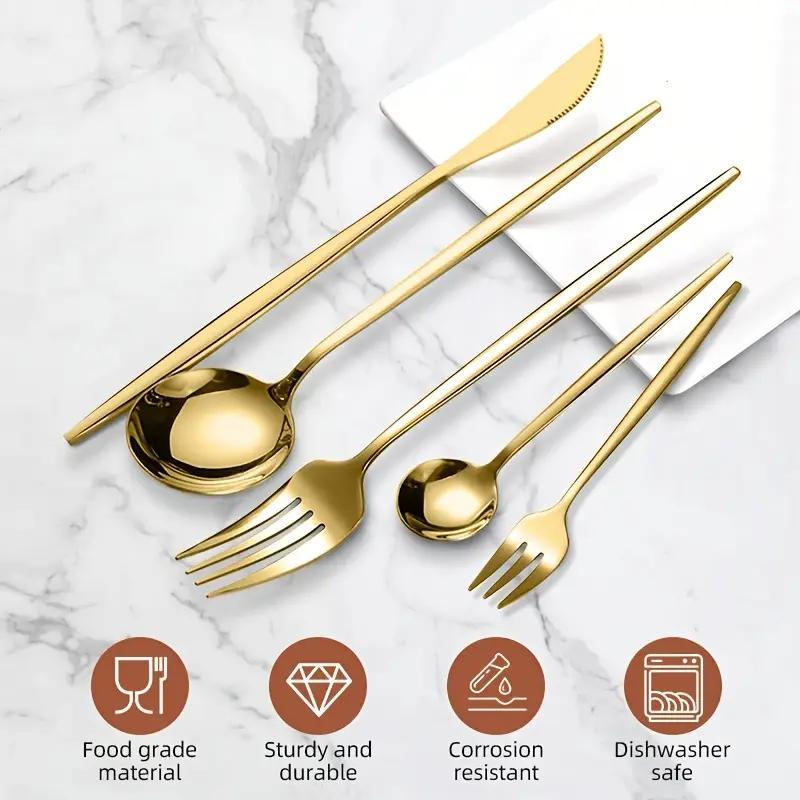 30 PCS/Set Stainless Steel Gold Cutlery Set, Mirror-Polished Flatware Service for 6, Includes Dinner Knives, Dinner Spoons, Dinner Forks, Teaspoons and Tea Forks