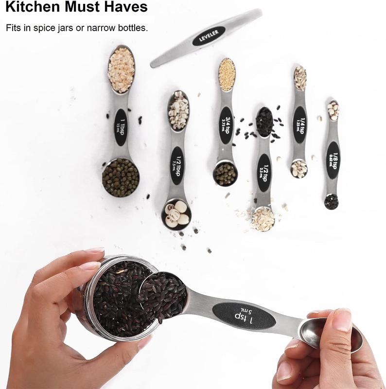 Stainless Steel Magnetic Spoons 9 PCS/Set with Leveler for Baking, Stackable Metallic Spice Kitchen Utensils and Gadgets